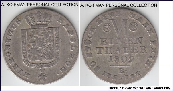 KM-87, 1809 German State Westphalia 1/6 thaler, Brunswick mint (B mint mark); silver, slant reeded edge; very fine or about, short Jerom Napoleon rule.