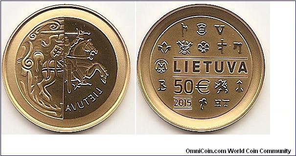 50 Euro
KM#218
Coin dedicated to the minting of coins in the Grand Duchy of Lithuania. Gold Au 999.9 Quality proof. Diameter 22.30 mm. Weight 7.78 g. On the obverse of the coin, the stylised coat of arms of the Republic of Lithuania, Vytis, is depicted as a combination of the historical coin and the back (negative) side of its minting instrument; there is also the mirror image LIETUVA (LITHUANIA). The reverse of the coin features marks of mint governors, mint-masters and coin die engravers. There is the inscription LIETUVA in the centre of the coin, the current mintmark of the Lithuanian Mint on the left side of the inscription, and the denomination and year of issue – 50 €, 2015 — at the bottom. The edge of the coin bears twice the inscription MONETA LITUANIAE. Designed by Liudas Parulskis and Giedrius Paulauskis. Mintage 5,000 pcs. Issue 29.01.2015. The coin was minted at the UAB Lithuanian Mint.