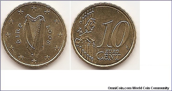 10 Euro cents 
KM#47
4.0700 g., Brass, 19.75 mm. Obv: Celtic harp, a traditional symbol of Ireland, decorated with the year of issue and the inscription 