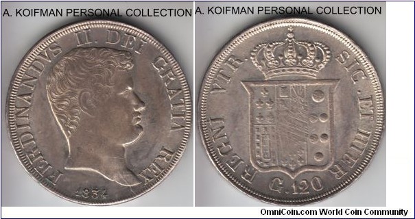KM-309, 1834 Italian State Naples 120 grana; silver, lettered edge PROVIDENTIA OPTIMI PRINCIPIS; bright write uncirculated, with what looks like adjustment marks on reverse in the center.