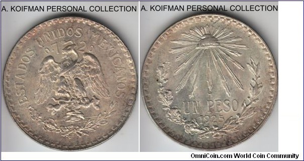 KM-455, 1925 Mexico peso, Mexico City mint (M mint mark);silver, incuse lettered edge; almost uncirculated, just a touch of wear on the snake and the bird's feathers.