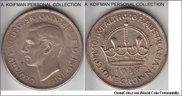 KM-34, 1938 Australia crown, Melbourne mint; silver, reeded edge; about unncirculated or better specimen of the scarcer of the two year run, mintage 102,000 minted and went out into circulation.