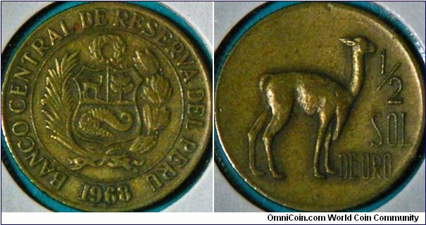 1/2 Sol with llama and large coat of arms.  brass, 22.5 mm.  (compare to my other 1/2 sol coin with small coat of arms)