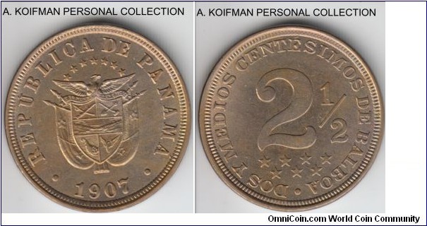 KM-7.1, 1907 Panama 2 1/2 centesimo, copper-nickel, plain edge; lustrous uncirculated, scarcer in high grades.