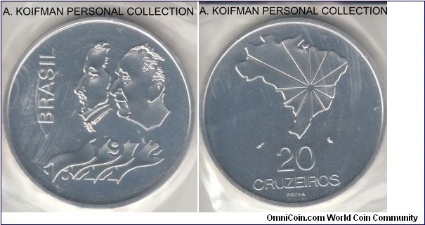 KM-Pr6, 1972 20 cruzeiros prova; silver, raised lettered edge; FDC.