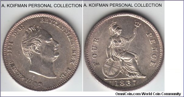 KM-723, 1837 Great Britain groat (4 pence); silver, reeded edge; bright uncirculated specimen, smaller of the 2 year type mintage.