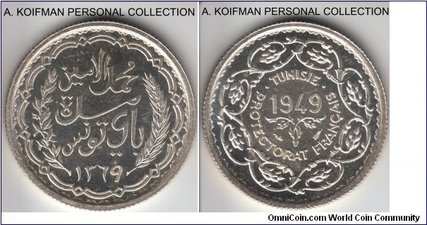 KM-X1, 1949 Tunisia 10 francs, Paris mint; silver, reeded edge, medallic rotation; unusual issue of just 1,103 pieces can be probably considered a pattern, an essai, scarce and desirable nevertheless.