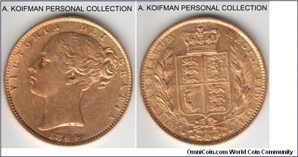 KM-736.2, 1864 Great Britain sovereign; gold, reeded edge; shield type, die 64, good extra fine to about uncirculated.