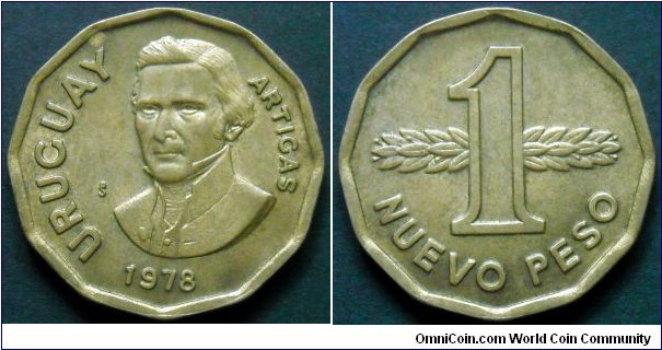 Uruguay 1 nuevo peso.
1978, Al-br.
Weight; 9g.
Diameter; 29,7mm.
Mint; Santiago de Chile. Mintage: 19.940.000 pieces.