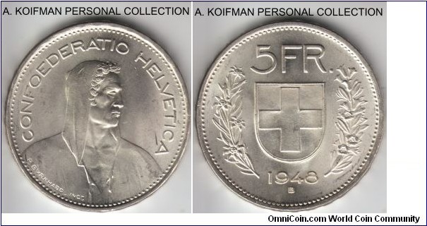 KM-40, 1948 Switzerland 5 francs, Berne mint (B mint mark); silver, lettered edge; bright high end uncirculated specimen of the smaller mintage of just 416,000.