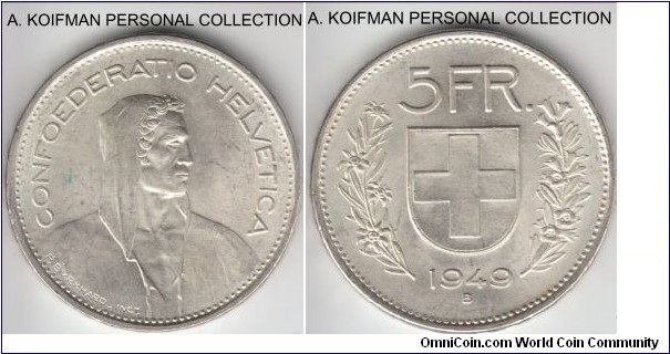 KM-40, 1949 Switzerland 5 francs, Berne mint (B mint mark); silver, lettered edge; bright high end uncirculated, second smallest mintage of the type with just 407,000.