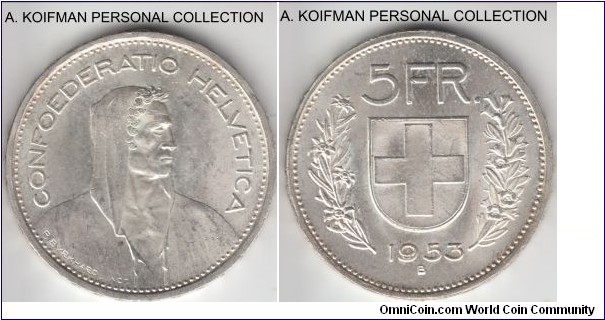 KM-40, 1953 Switzerland 5 francs, Berne mint (B mint mark); silver, lettered edge; average uncirculated.