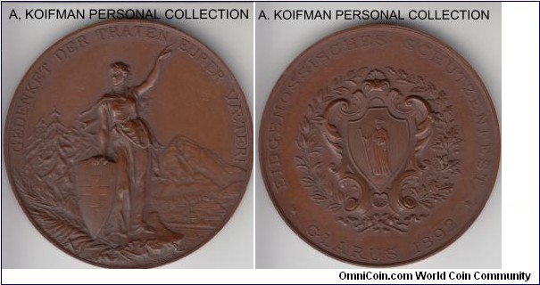 Richter 808e, 1892 Switzerland Glarus shooting medal; bronze, plain edge, 45 mm; proof like almost uncirculated, mintage 1,912.