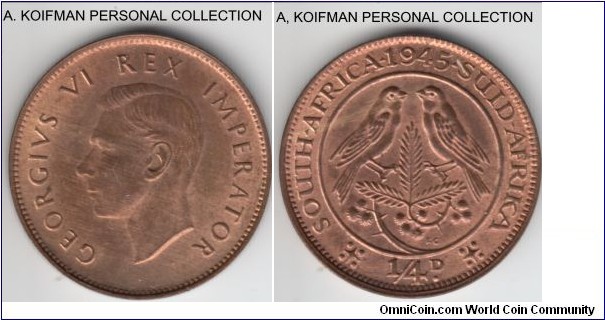 KM-23, 1945 South Africa (Dominion) farthing; bronze, plain edge; red-brown uncirculated.