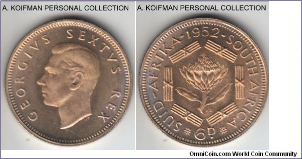 KM-36.2, 1952 South Africa (Dominion) 6 pence; silver, reeded edge; George VI, cameo like proof, 16,000 minted.