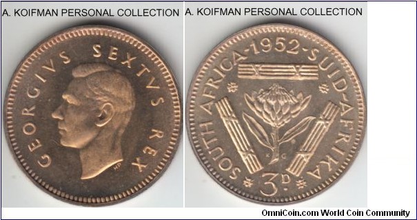 KM-35.2, 1952 South Africa (Dominion) 3 pence; proof, silver, plain edge; cameo like proof, mintage is 16,000 but this coin is nice.