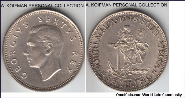 KM-37.1, 1948 South Africa (Dominion) shilling; silver, reeded edge; about uncirculated or better, rare with mintage of just 4,974 pieces.