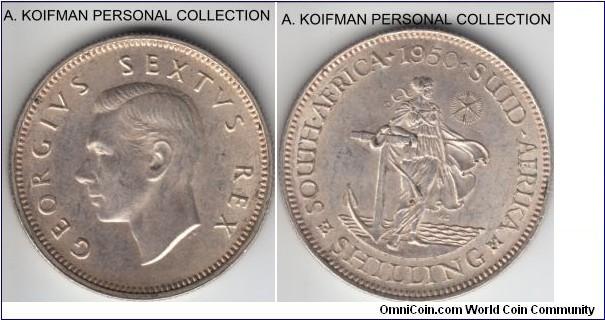 KM-37.1, 1950 South Africa (Dominion) shilling; silver, reeded edge; uncirculated or about.