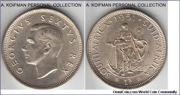 KM-37.2, 1951 South Africa (Dominion) shilling; silver, reeded edge; uncirculated or about.