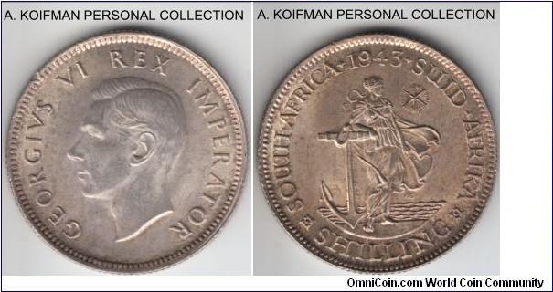 KM-28, 1943 South Africa (Dominion) shilling; silver, reeded edge; uncirculated or about.