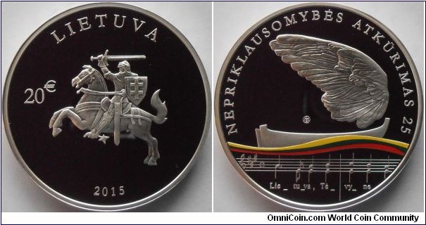 20 Euro - 25 years of the restauration of the Independence - 28.28 g 0.925 silver Proof - mintage 4,000