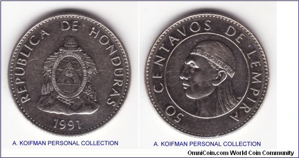 KM-84.a1, 1991 Honduras 50 centavos; nickel plated steel, reeded edge; lightly circulated.
