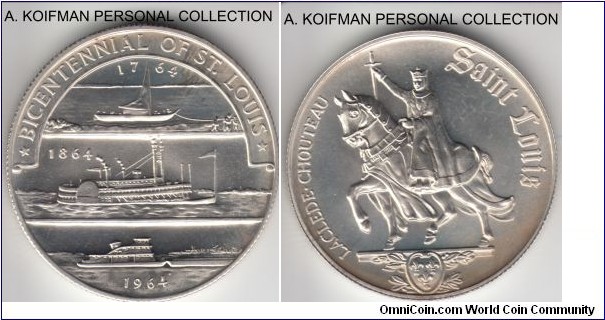 1964 Heraldic Art commemorative medal, Founding of St. Louis, issue XVII; silver, reeded edge; excellent luster, mintage 6,000.