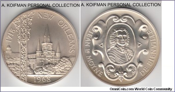 1968 Heraldic Art commemorative medal, New Orleans, issue XXVIII; silver, reeded edge; excellent luster, mintage 6,000.