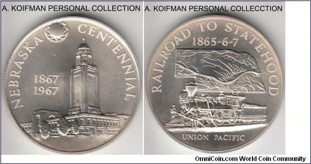 1967 Heraldic Art commemorative medal, Nebraska Statehood, issue XXV; silver, reeded edge; excellent luster, mintage 6,000.
