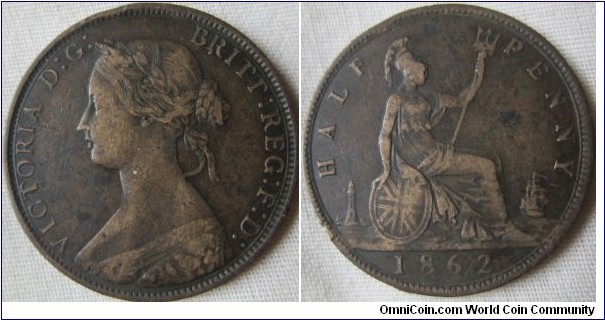 1862 halfpenny, F grade