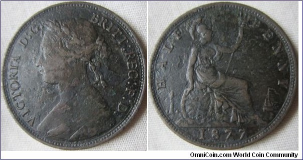 1877 halfpenny, decent details environmental damage