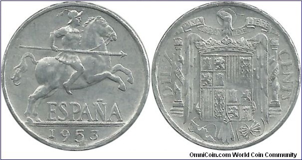 Spain 10 Centimos 1953