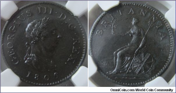 1806 Farthing, slabbed AUUC details, environmental damage