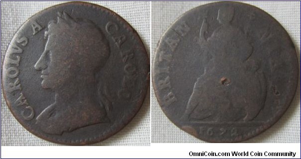 1672 farthing, no obverse stops, low grade