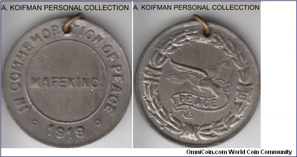 Laidlaw-0428, AM2-163, 1919 South Africa Mafeking WWI piece celebration; white metal, plain edge; IN COMMEMORATION OF PEACE . 1919 on obverse and a dove on reverse, about uncirculated.