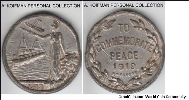 1919 Great Britain peace medal; white metal (pewter?), plain edge, 9.1 gramm, 23 mm; obverse: Britannia standing, ship and airplane, 1919, reverse: TO COMMEMORATE PEACE 1919 RD 667093; quite banged up, interesting still.