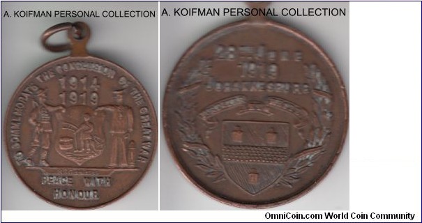 Laidlaw-0025a, AM2-159, 1919 South Africa Johannesburg WWI piece celebration; copper-bronze, plain edge; Obverse: TO COMMEMORATE THE CONCLUSION OF THE GREAT WAR with 1914/1919 above, in the exergue PEACE WITH HONOUR, on the exergue line REG 14/1919; reverse: FORTITER ET RECTE on the ribbon above coat of arms, 28TH JUNE / 1919 / JOHANNESBURG above.