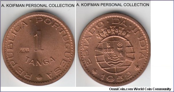 KM-PR12, 1952 Portuguese India tanga; prova, bronze, plain edge; deep red, obviously scarce if it is priced at $500 in Krause.