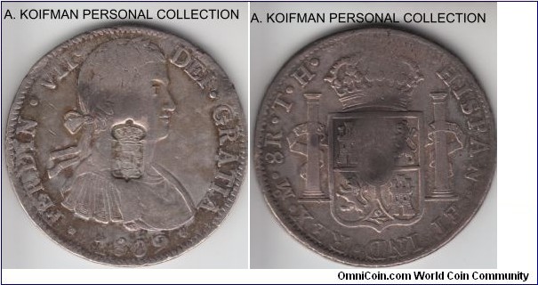 KM-440.14, (1834) Portugal 870 reis, shield countermark over KM-110 1809 Mexico 8R; silver, alternate circle and rectangle edge; very fine host coin may be ex-jewelry, c/m is somewhat worn.