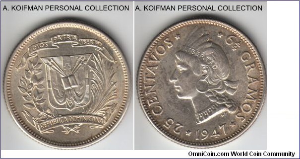 KM-20, 1947 Dominican Republic 25 centavos; silver, reeded edge; lightly toned brilliant uncirculated specimen, mintage 400,000.