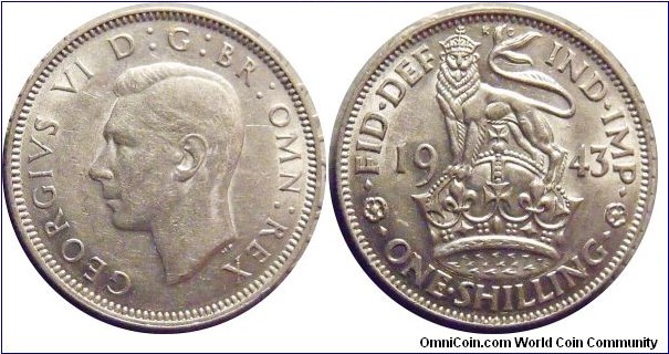 KM#853 1943 George VI .500 Sterling Silver Shilling English arms. GEF