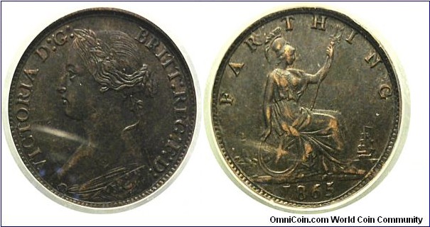KM#747.2 Queen Victoria 1865/2 Bronze Farthing Certifired CGS45 (AU50)
