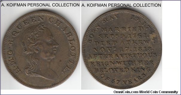 BHM 968 or 947 Great Britain medalet; brass or copper, plain edge, 22.5 mm, 5.6 gramm; death of Queen Charlotte, obv: bust and H.M.G.M.QUEEN CHARLOTTE along the edge, rev: BORN MAY 19.1744. / MARRIED / SEPR. 9.1761. / DIED AT KEW / NOVR. 17.1818./ AFTER A VIRTUOUS/REIGN WITH HER/BELOVED KING/OF 57 YEARS, good extra fine.