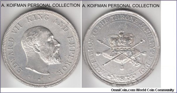 1901 Edward VII Accension to the throne medal; aluminum or other white metal, reeded edge, 35 mm, 14.5 gramm; crown sized, some corrosion on the reverse, supposedly by H.Gruber, but I found little info on it.