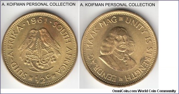 KM-56, 1961 South Africa (Republic) 1/2 cent; brass, plain edge; red uncirculated with just a hint of brown on obverse.