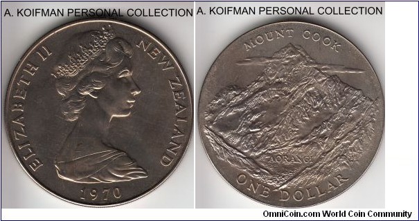 KM-42, 1970 New Zealand dollar; copper-nickel, reeded edge; looks to be a proof like one, mintage of 20,000, depicting Mount Cook or Aorangi.