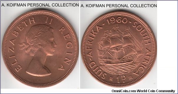 KM-46, 1960 South Africa (Republic) penny; brass, plain edge; bright red uncirculated.