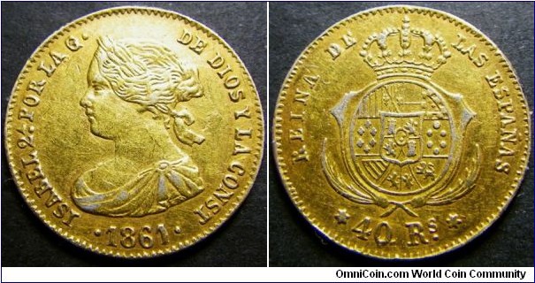 Spain 1861 40 escudo. Gold plated platinum coin! Weight: 3.41g, 