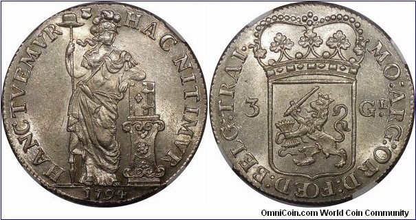 Utrecht, 3 Gulden. NGC MS63. 