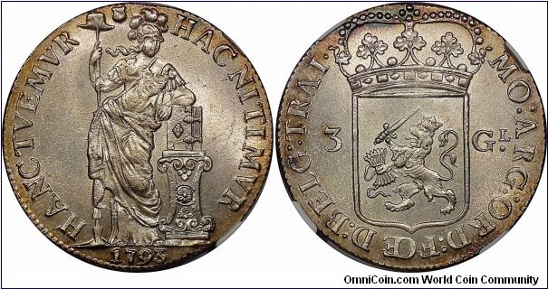 Utrecht, 3 Gulden. NGC MS65.